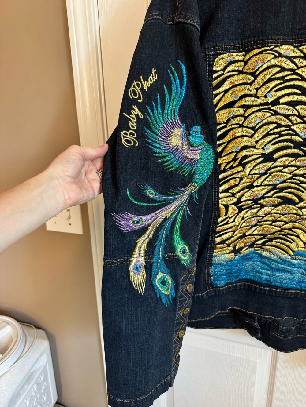 Women’s Baby Phat Dark Blue Denim Jacket with Yellow Embroidery - Picture 4 of 6